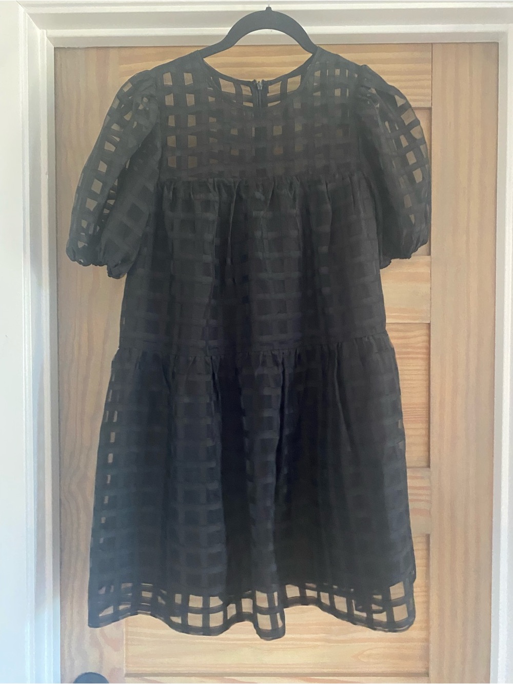 english rose Black Check Mesh Puff Sleeve Tiered Dress
